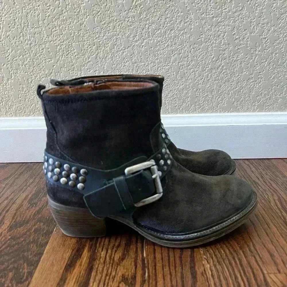JOSEF SEIBEL Toni Studded Harness Ankle Boots Size 37/ 6.5-7 Brown Suede,